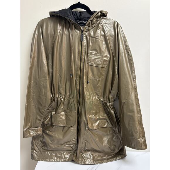 Totes Rain Jacket Metallic Gold PVC Waterproof Hooded Windbreaker Women's Medium - Picture 1 of 11